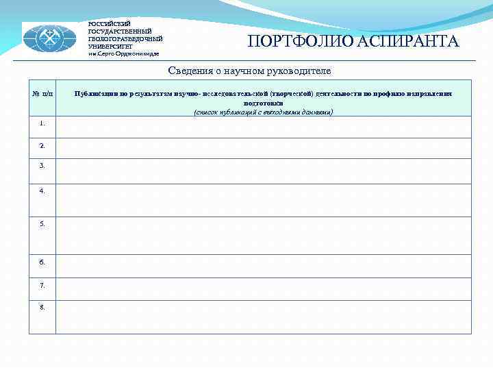 РОССИЙСКИЙ ГОСУДАРСТВЕННЫЙ ГЕОЛОГОРАЗВЕДОЧНЫЙ УНИВЕРСИТЕТ им. Серго Орджоникидзе ПОРТФОЛИО АСПИРАНТА Сведения о научном руководителе №