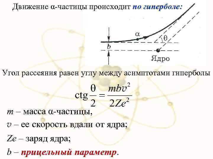 Движение α-частицы происходит по гиперболе: Угол рассеяния равен углу между асимптотами гиперболы m –