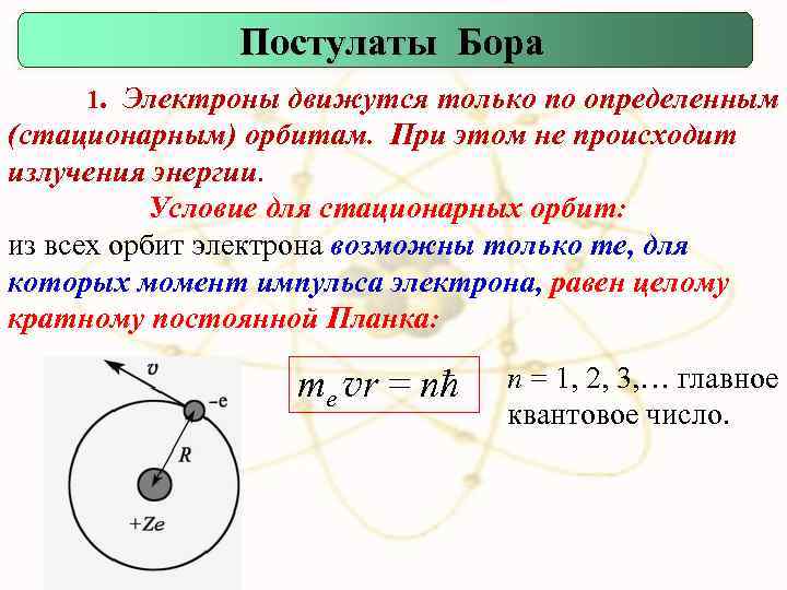 Постулаты Бора 1. Электроны движутся только по определенным (стационарным) орбитам. При этом не происходит