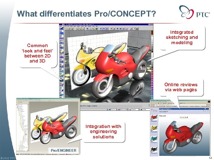 What differentiates Pro/CONCEPT? Integrated sketching and modeling Common ‘look and feel’ between 2 D