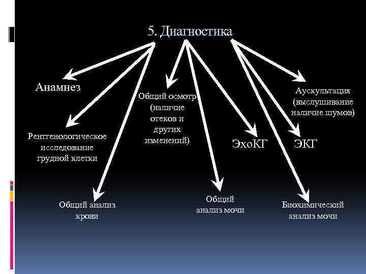 5. Диагностика Анамнез Рентгенологическое исследование грудной клетки Общий анализ крови Общий осмотр (наличие отеков