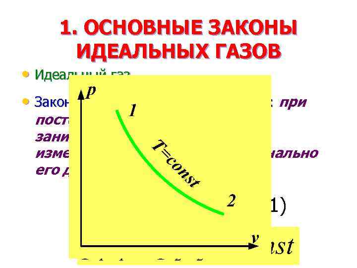 1. ОСНОВНЫЕ ЗАКОНЫ ИДЕАЛЬНЫХ ГАЗОВ • Идеальный газ • Закон Бойля — Мариотта: при