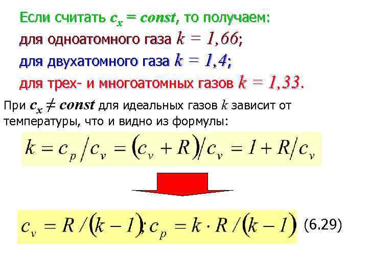 Если считать сx = const, то получаем: для одноатомного газа k = 1, 66;