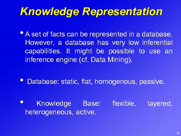 Knowledge Representation • A set of facts can be represented in a database. However,