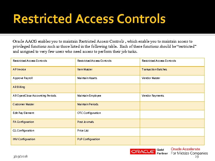 Restricted Access Controls Oracle AACG enables you to maintain Restricted Access Controls , which