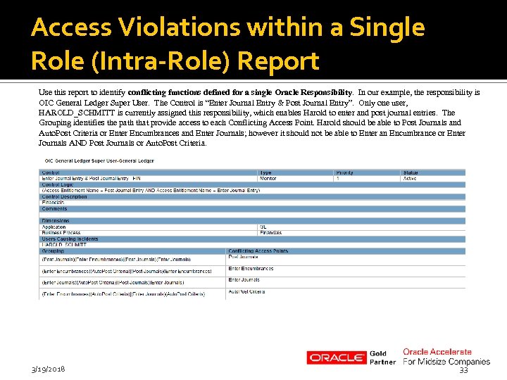 Access Violations within a Single Role (Intra-Role) Report Use this report to identify conflicting