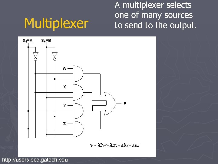 Multiplexer http: //users. ece. gatech. edu A multiplexer selects one of many sources to