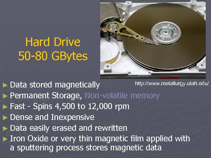 Hard Drive 50 -80 GBytes ► Data http: //www. metallurgy. utah. edu/ stored magnetically