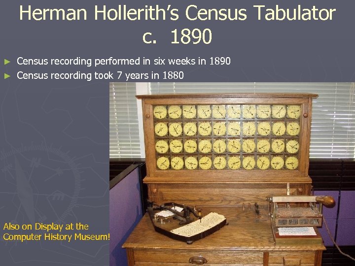 Herman Hollerith’s Census Tabulator c. 1890 Census recording performed in six weeks in 1890