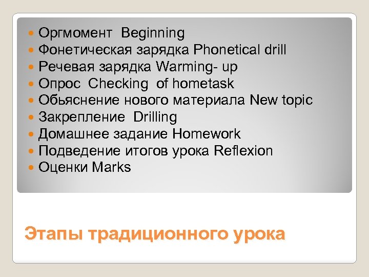  Оргмомент Beginning Фонетическая зарядка Phonetical drill Речевая зарядка Warming- up Опрос Checking of