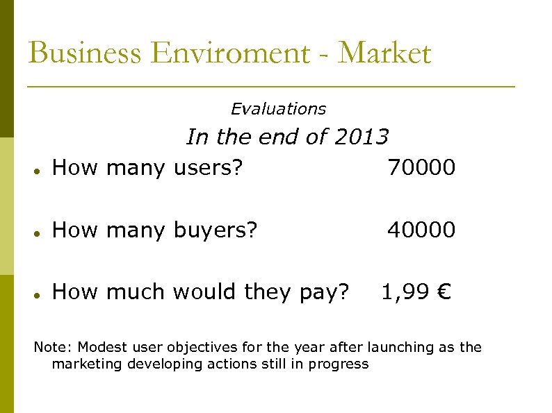 Business Enviroment - Market Evaluations In the end of 2013 How many users? 70000