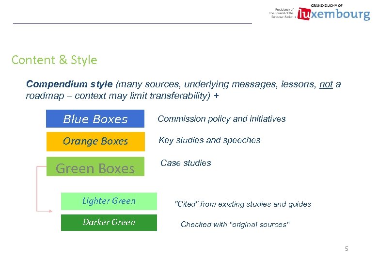 Content & Style Compendium style (many sources, underlying messages, lessons, not a roadmap –