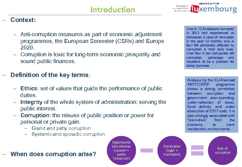 Introduction – Context: – Anti-corruption measures as part of economic adjustment programmes, the European