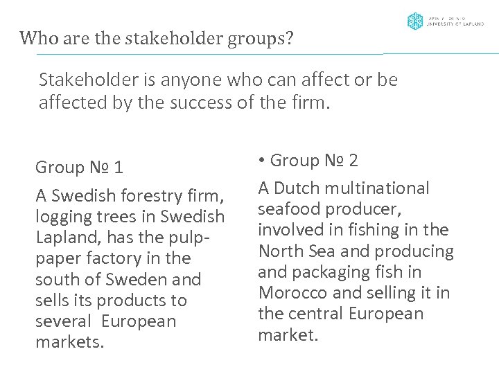 Who are the stakeholder groups? Stakeholder is anyone who can affect or be affected