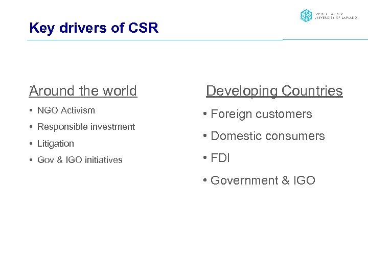 Key drivers of CSR . Around the world • NGO Activism • Responsible investment