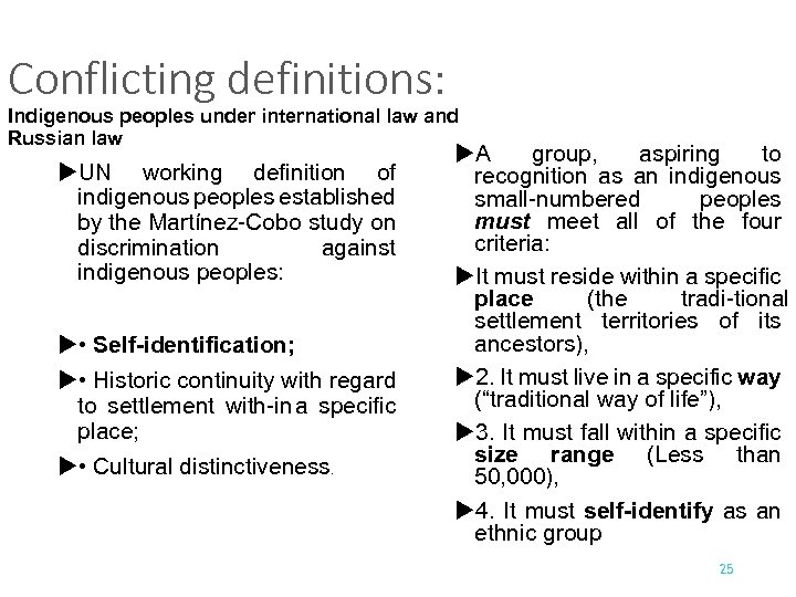 Conflicting definitions: Indigenous peoples under international law and Russian law UN working definition of