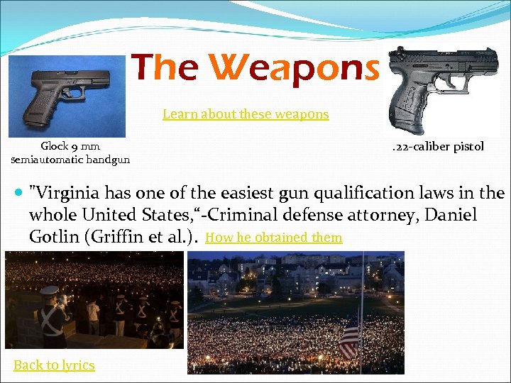 The Weapons Learn about these weapons Glock 9 mm semiautomatic handgun . 22 -caliber