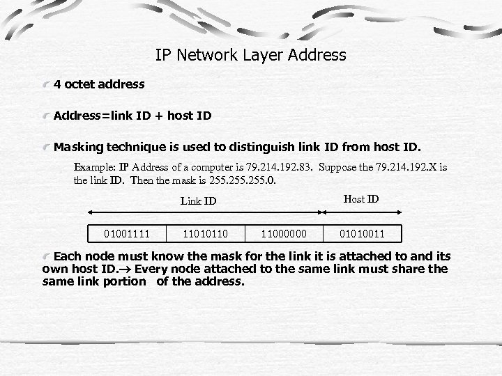 IP Network Layer Address 4 octet address Address=link ID + host ID Masking technique
