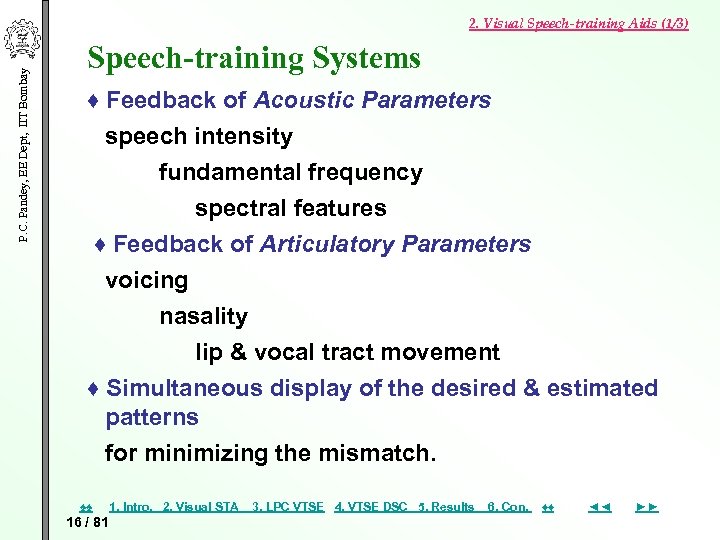 P. C. Pandey, EE Dept, IIT Bombay 2. Visual Speech-training Aids (1/3) Speech-training Systems