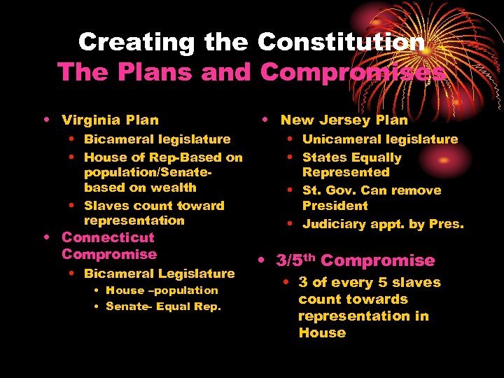 Creating the Constitution The Plans and Compromises • Virginia Plan • Bicameral legislature •