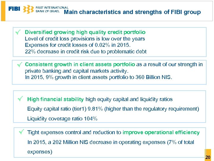 FIBI FIRST INTERNATIONAL BANK OF ISRAEL Main characteristics and strengths of FIBI group √