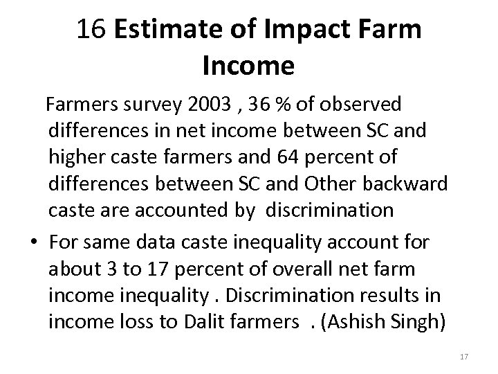 16 Estimate of Impact Farm Income Farmers survey 2003 , 36 % of observed