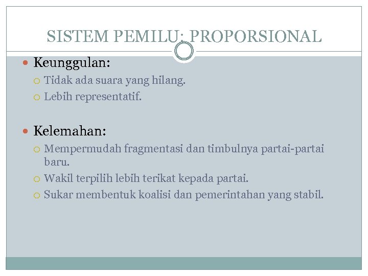 SISTEM PEMILU: PROPORSIONAL Keunggulan: Tidak ada suara yang hilang. Lebih representatif. Kelemahan: Mempermudah fragmentasi