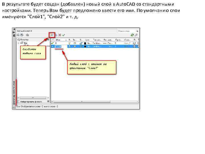 В результате будет создан (добавлен) новый слой в Auto. CAD со стандартными настройками. Теперь