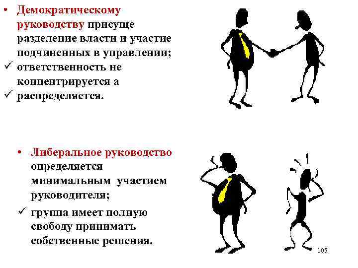  • Демократическому руководству присуще разделение власти и участие подчиненных в управлении; ü ответственность