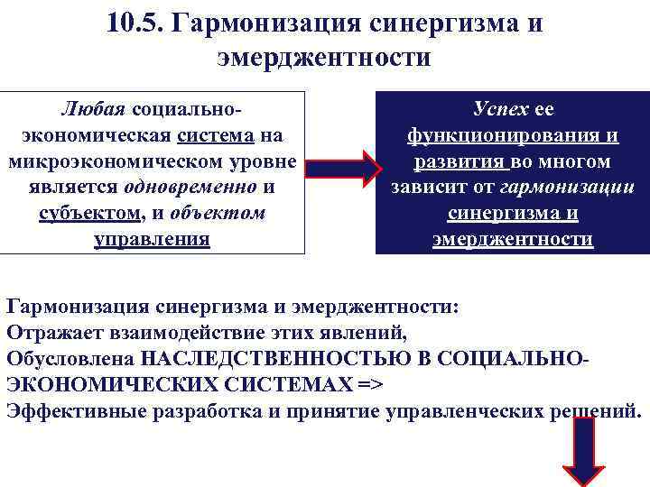 10. 5. Гармонизация синергизма и эмерджентности Любая социальноэкономическая система на микроэкономическом уровне является одновременно