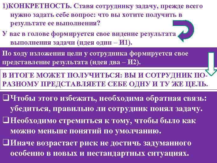 1)КОНКРЕТНОСТЬ. Ставя сотруднику задачу, прежде всего нужно задать себе вопрос: что вы хотите получить