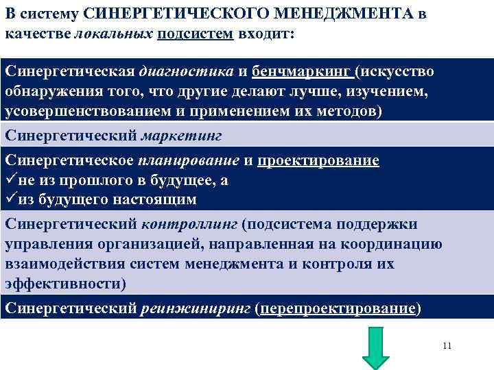 В систему СИНЕРГЕТИЧЕСКОГО МЕНЕДЖМЕНТА в качестве локальных подсистем входит: Синергетическая диагностика и бенчмаркинг (искусство