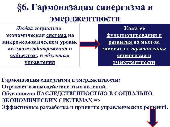 § 6. Гармонизация синергизма и эмерджентности Любая социальноэкономическая система на микроэкономическом уровне является одновременно