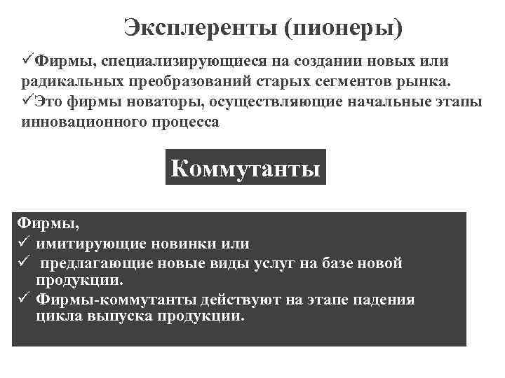Эксплеренты (пионеры) üФирмы, специализирующиеся на создании новых или радикальных преобразований старых сегментов рынка. üЭто