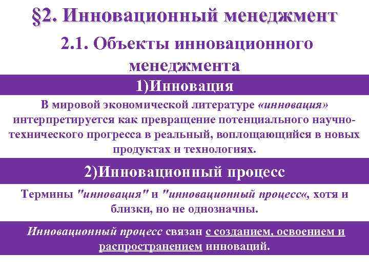 § 2. Инновационный менеджмент 2. 1. Объекты инновационного менеджмента 1)Инновация В мировой экономической литературе