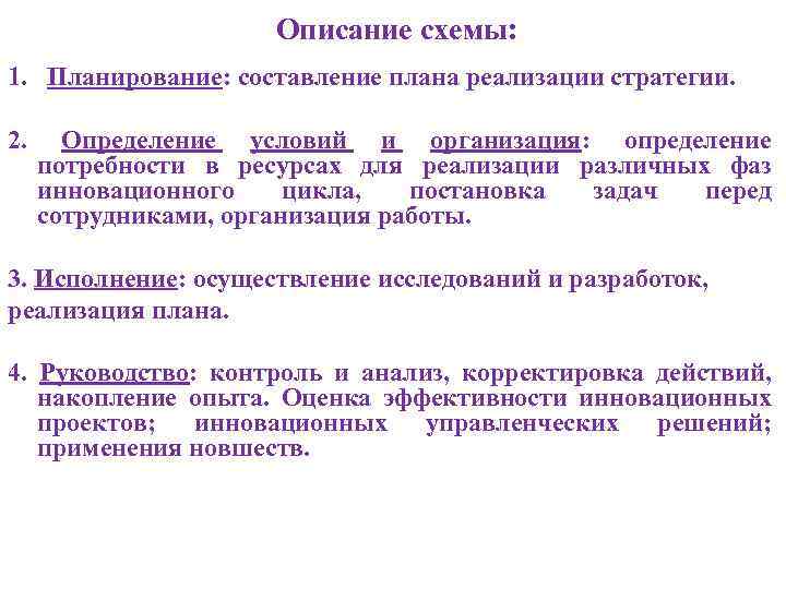 Описание схемы: 1. Планирование: составление плана реализации стратегии. 2. Определение условий и организация: определение