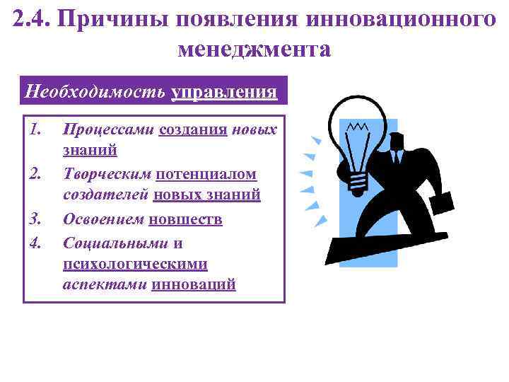 2. 4. Причины появления инновационного менеджмента Необходимость управления 1. 2. 3. 4. Процессами создания
