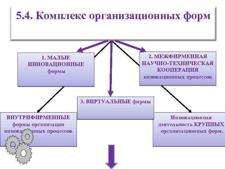 5. 4. Комплекс организационных форм 1. МАЛЫЕ ИННОВАЦИОННЫЕ формы 2. МЕЖФИРМЕННАЯ НАУЧНО-ТЕХНИЧЕСКАЯ КООПЕРАЦИЯ инновационных