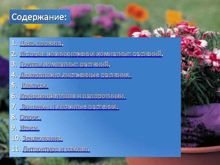 Содержание: 1. Цель проекта. 2. История возникновения комнатных растений. 3. Группы комнатных растений. 4.