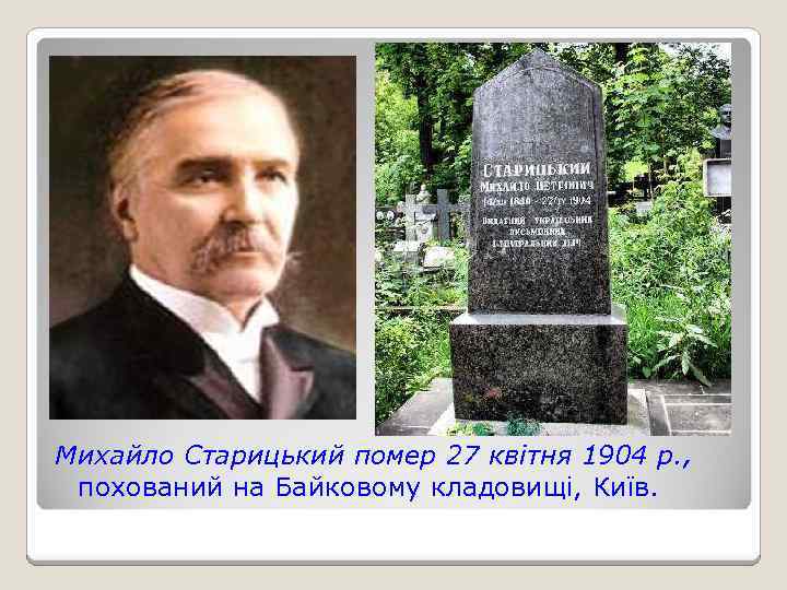 Михайло Старицький помер 27 квітня 1904 р. , похований на Байковому кладовищі, Київ. 