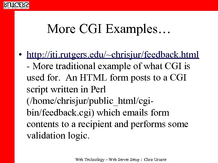 More CGI Examples… • http: //iti. rutgers. edu/~chrisjur/feedback. html - More traditional example of