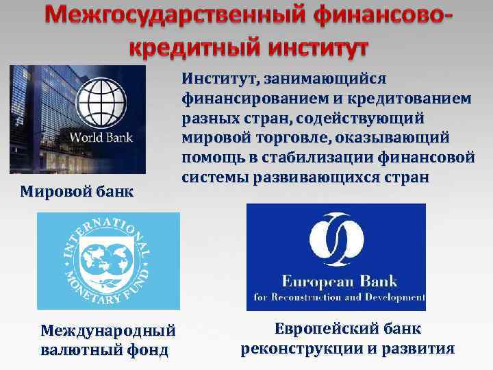 Мировой банк Международный валютный фонд Институт, занимающийся финансированием и кредитованием разных стран, содействующий мировой