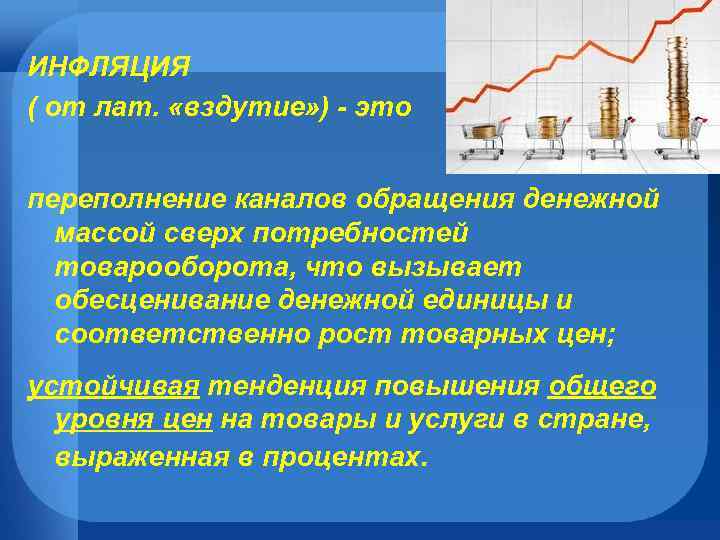 ИНФЛЯЦИЯ ( от лат. «вздутие» ) - это переполнение каналов обращения денежной массой сверх