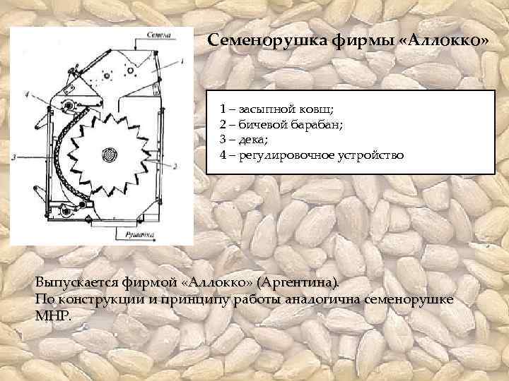 Семенорушка фирмы «Аллокко» 1 – засыпной ковш; 2 – бичевой барабан; 3 – дека;