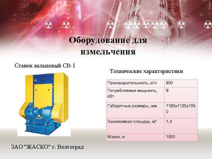 Оборудование для измельчения Станок вальцовый СВ-1 Технические характеристики Производительность, кг/ч Потребляемая мощность, к. Вт