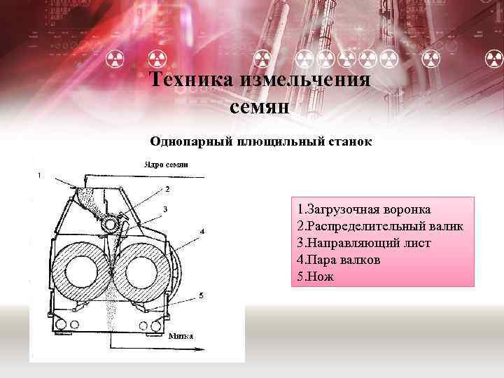Техника измельчения семян Однопарный плющильный станок 1. Загрузочная воронка 2. Распределительный валик 3. Направляющий