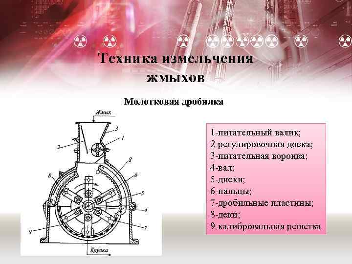 Техника измельчения жмыхов Молотковая дробилка 1 -питательный валик; 2 -регулировочная доска; 3 -питательная воронка;