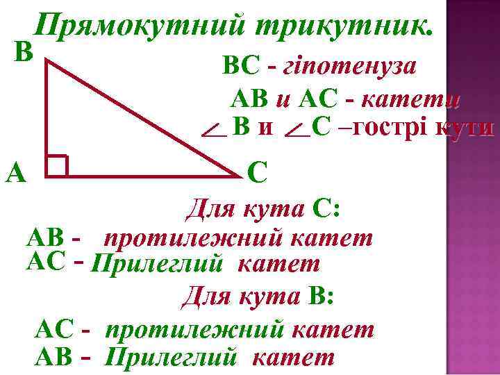 Прямокутний трикутник. B A ВС - гіпотенуза АВ и АС - катети В и