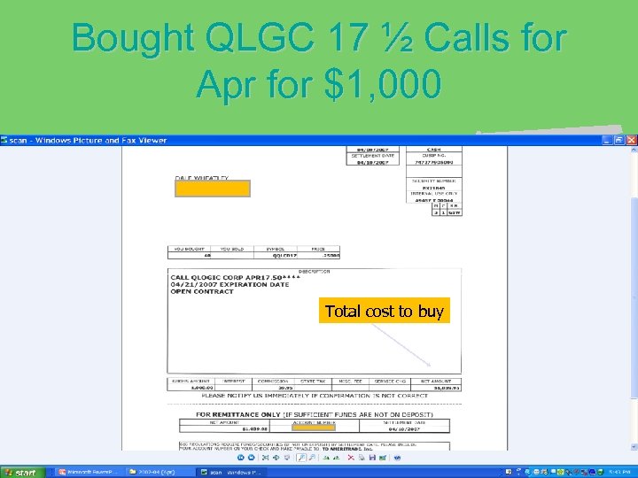 Bought QLGC 17 ½ Calls for Apr for $1, 000 Total cost to buy