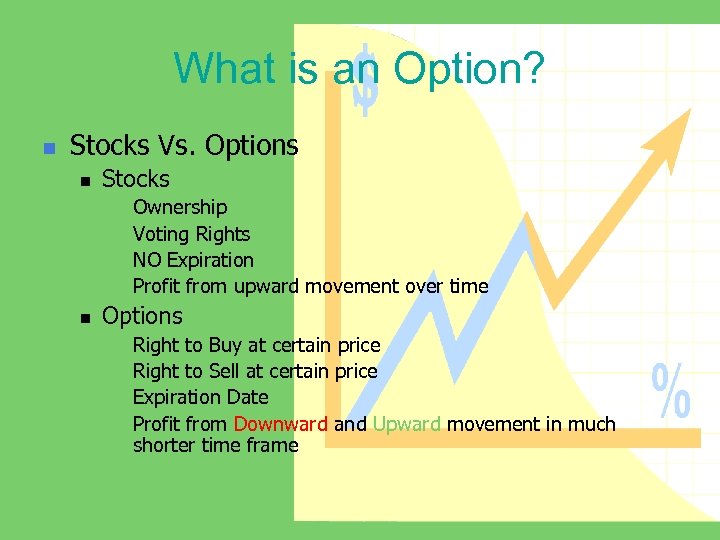 What is an Option? n Stocks Vs. Options n Stocks n n n Ownership